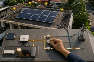 A tropical rooftop array sends solar energy first to the home, then to the grid, beside three visibly different payback paths.